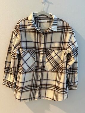 Zara Cream & Brown Plaid Button-Down Shirt Jacket